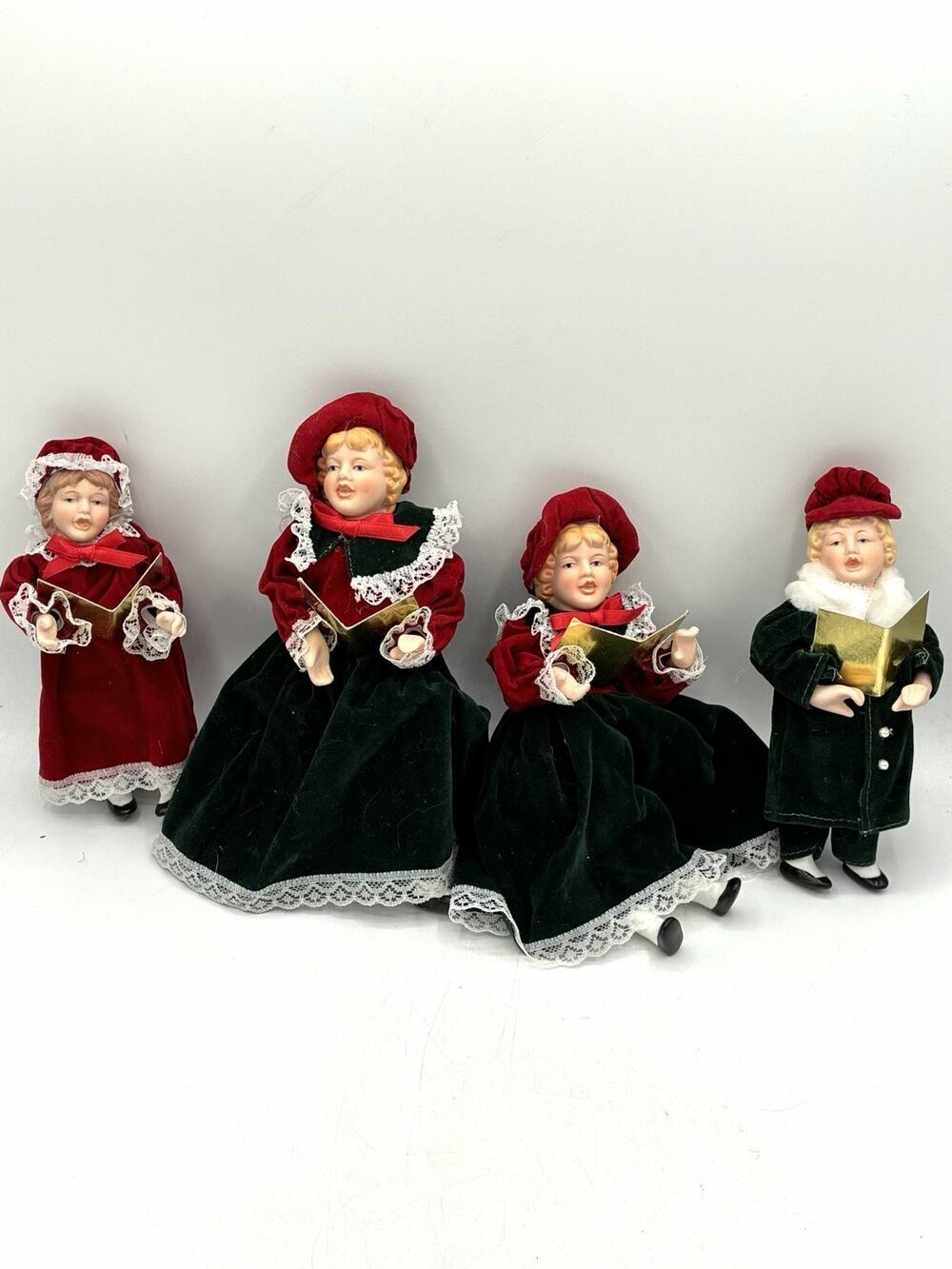 Set 4 Porcelain Face Christmas Caroler Dolls Handmade Velvet Red Green Lace